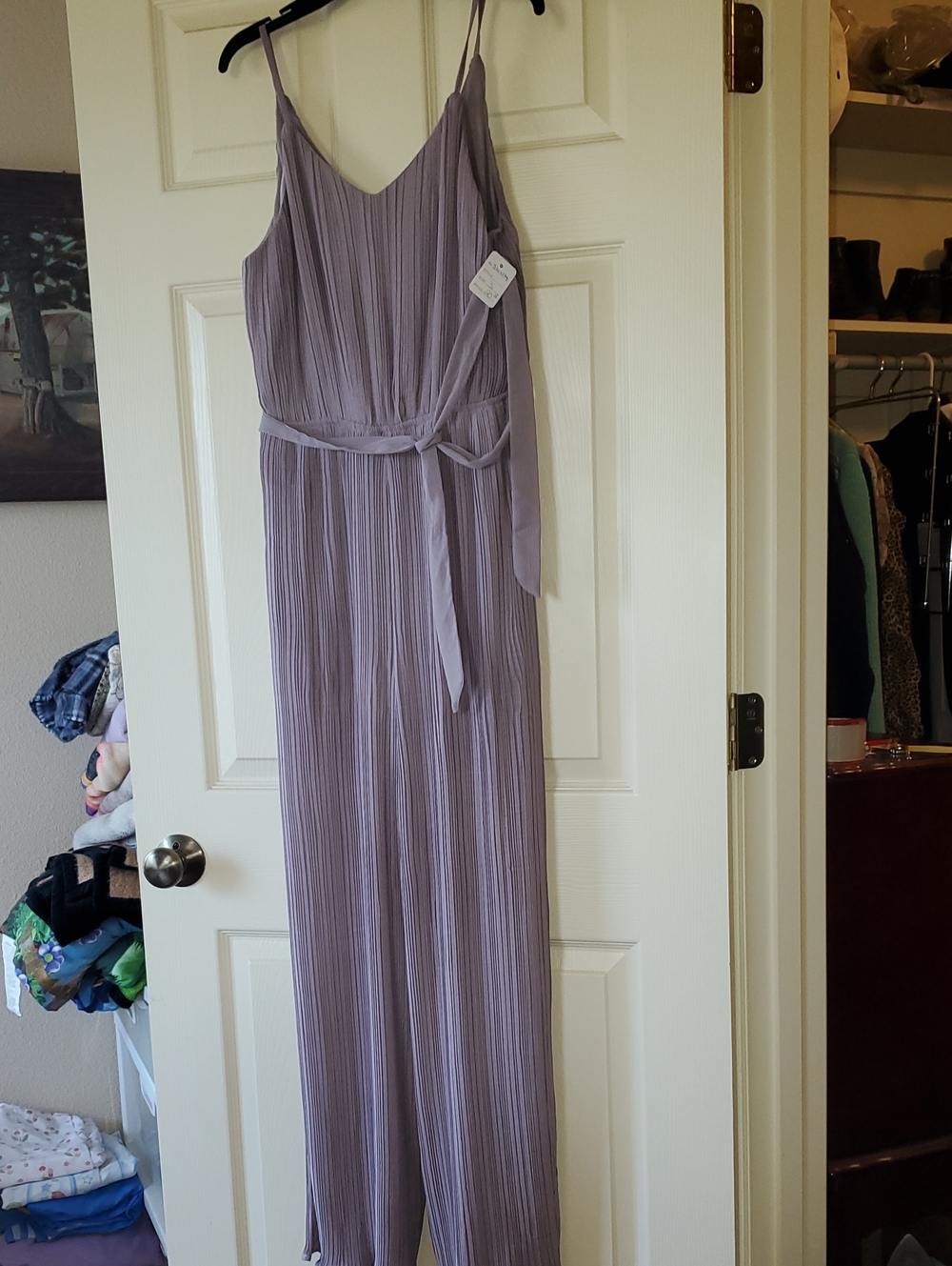 She + Sky Lilac Pleated Wide-Leg Jumpsuit with Waist Tie